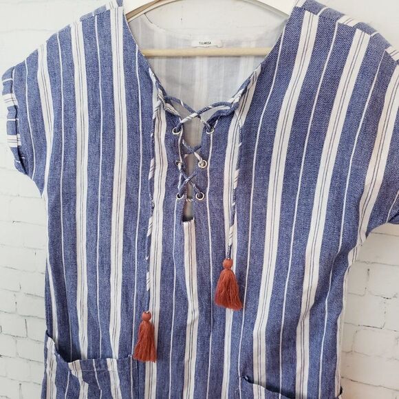 Tularosa Revolve Tunic Top Size XS Blue White Striped Tassels Beachy 100% Cotton - Picture 3 of 8